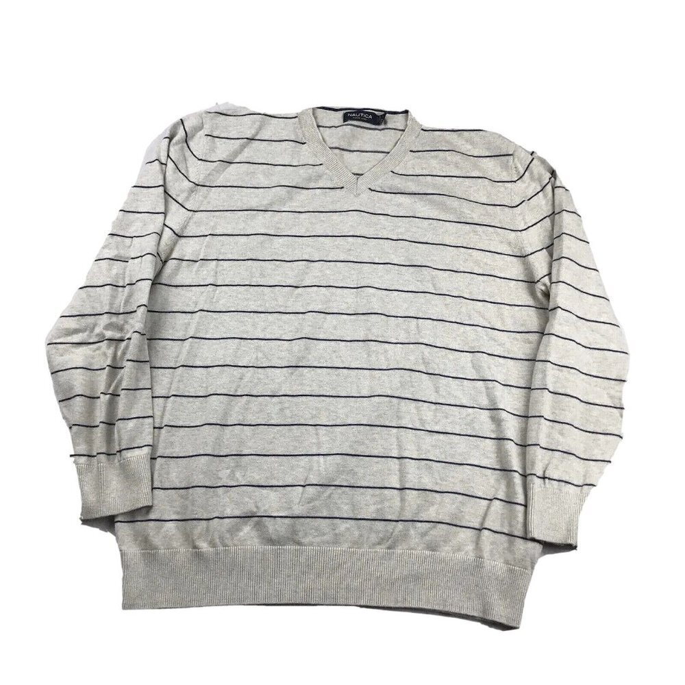 Nautica mens vneck light gray navy stripe lightweight cotton pullover sweater XL